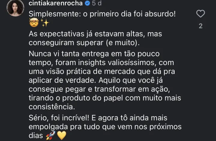 Comentário de participante da Imersão PQV
