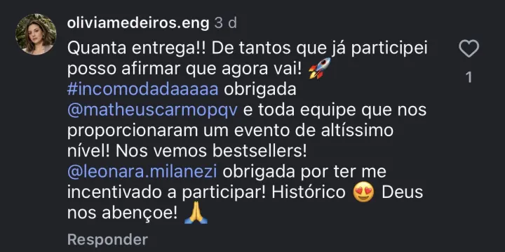 Comentário de participante da Imersão PQV