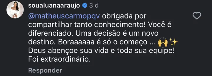 Comentário de participante da Imersão PQV