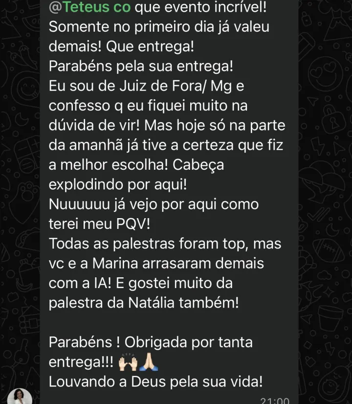 Comentário de participante da Imersão PQV
