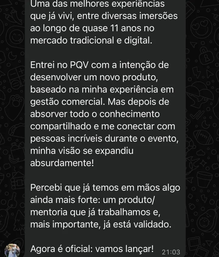 Comentário de participante da Imersão PQV