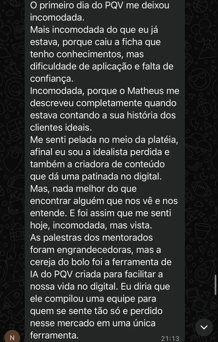 Comentário de participante da Imersão PQV