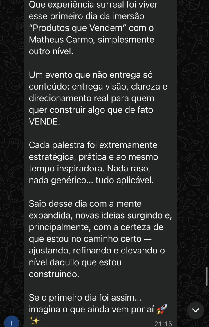 Comentário de participante da Imersão PQV