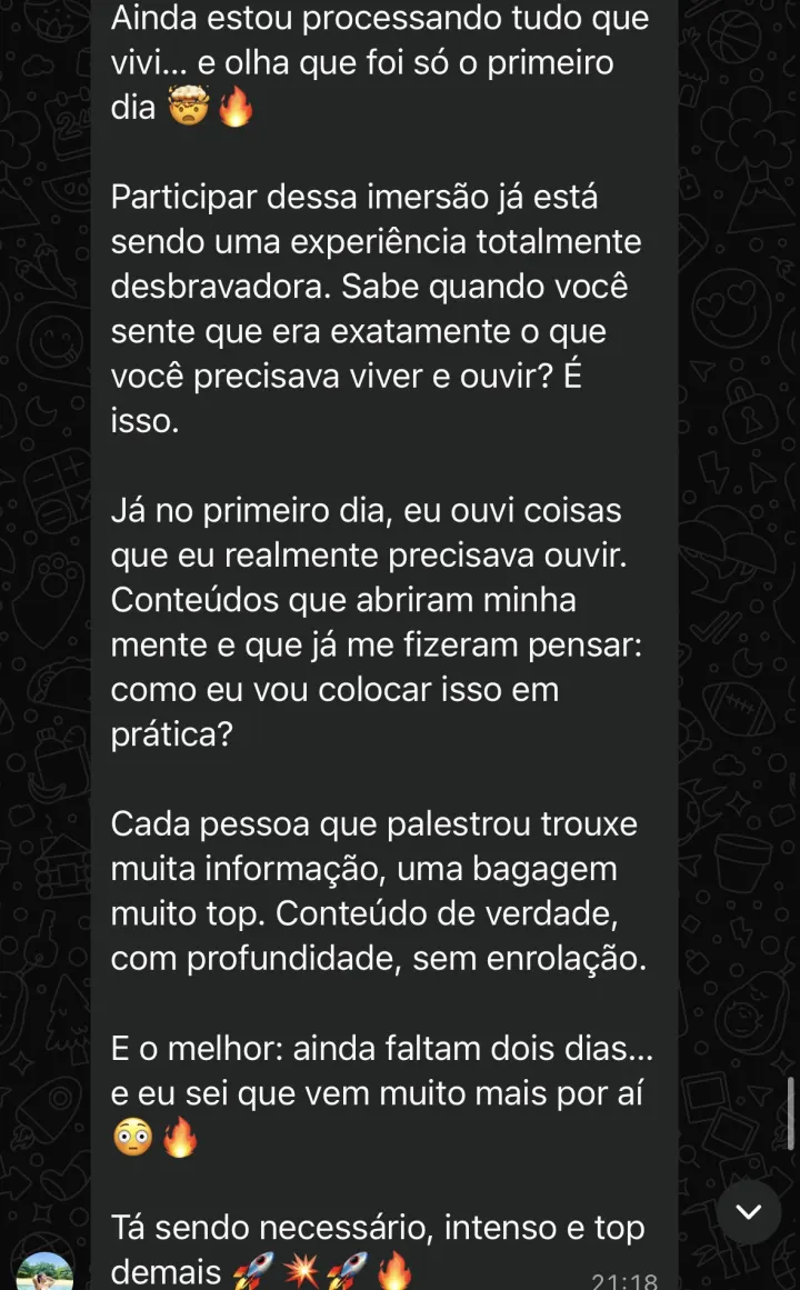 Comentário de participante da Imersão PQV