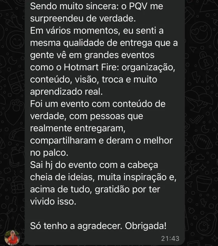 Comentário de participante da Imersão PQV